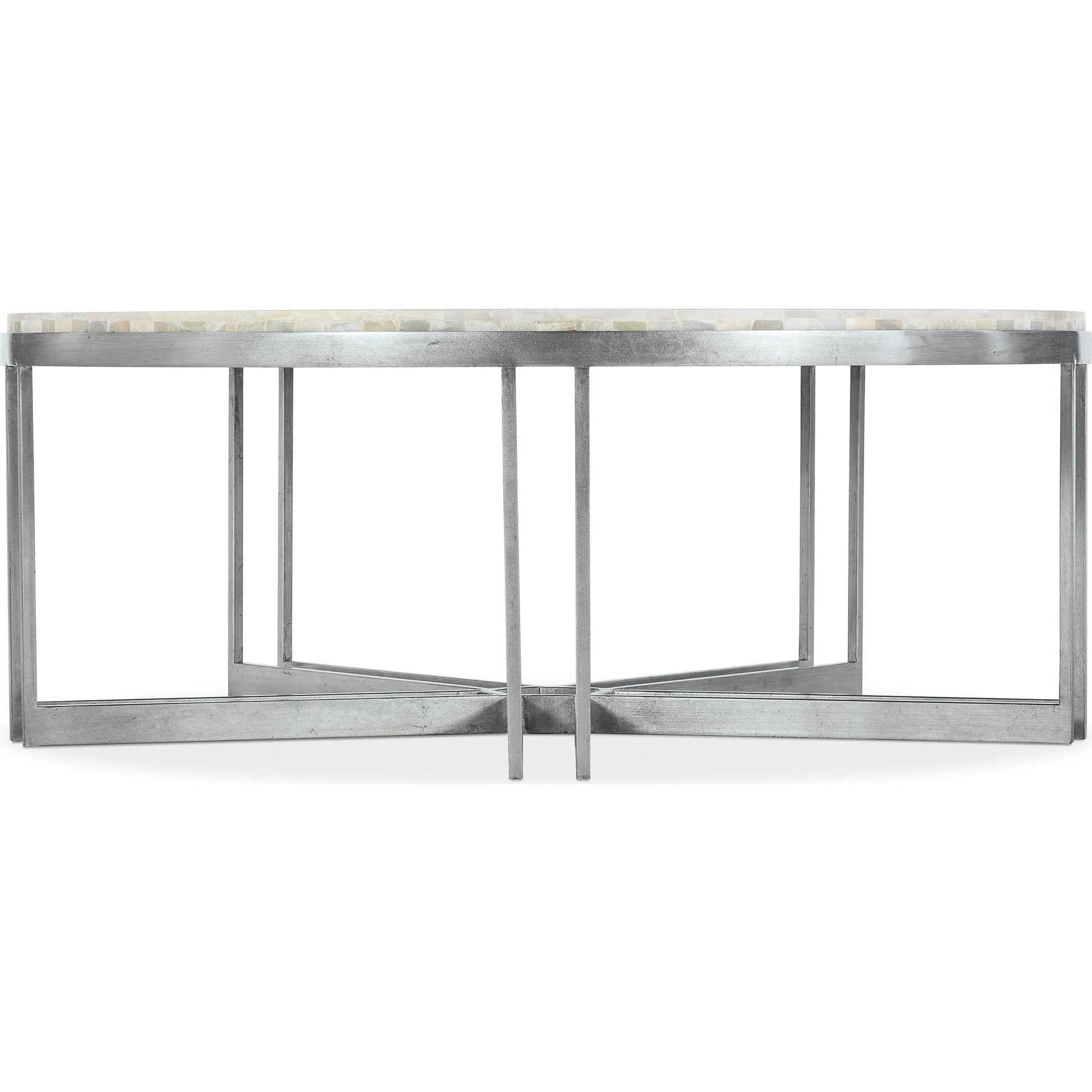 Melange Marin Round Cocktail Table by Hooker Furniture in silver. Made from tumbles white onyx with carbon steel metal in a transitional style.