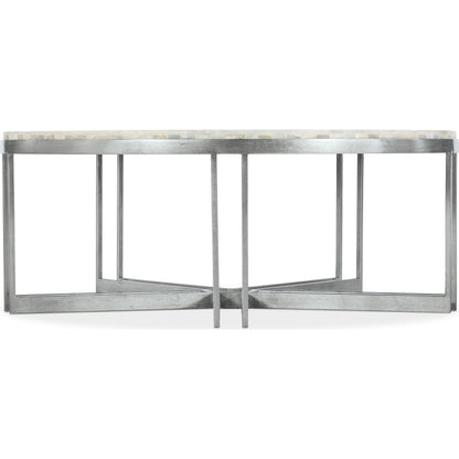 Melange Marin Round Cocktail Table by Hooker Furniture in silver. Made from tumbles white onyx with carbon steel metal in a transitional style.