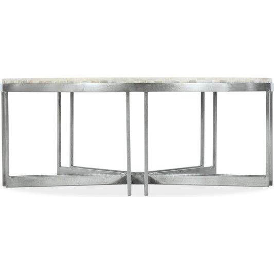 Melange Marin Round Cocktail Table by Hooker Furniture in silver. Made from tumbles white onyx with carbon steel metal in a transitional style.
