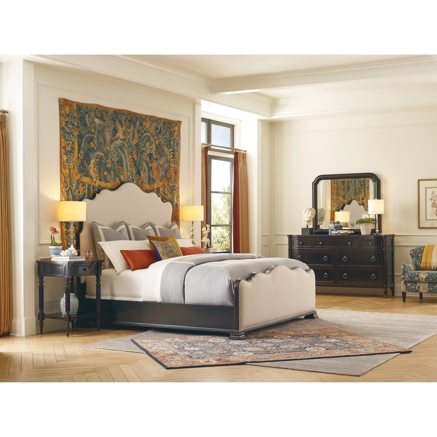 003 SI-2029048,SI-2029049 | Lifestyle | Charleston Upholstered Bed by Hooker Furniture in chateau linen and black cherry. Made from cherry veneers, fabric in a transitional style.