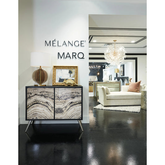 Melange Rockee Two Door Chest by Hooker Furniture in black. Made from oak veneers with glass, stainless steel in a modern style.