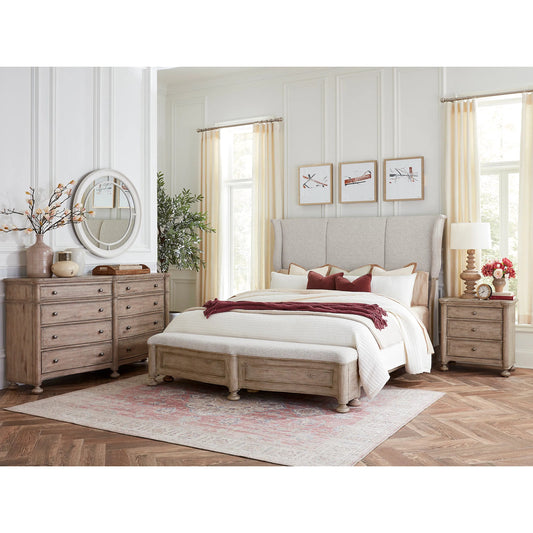 Higgins Street King Upholstered Bed by Pulaski Furniture in brown and woodland stone. Made from unique in a unique style.