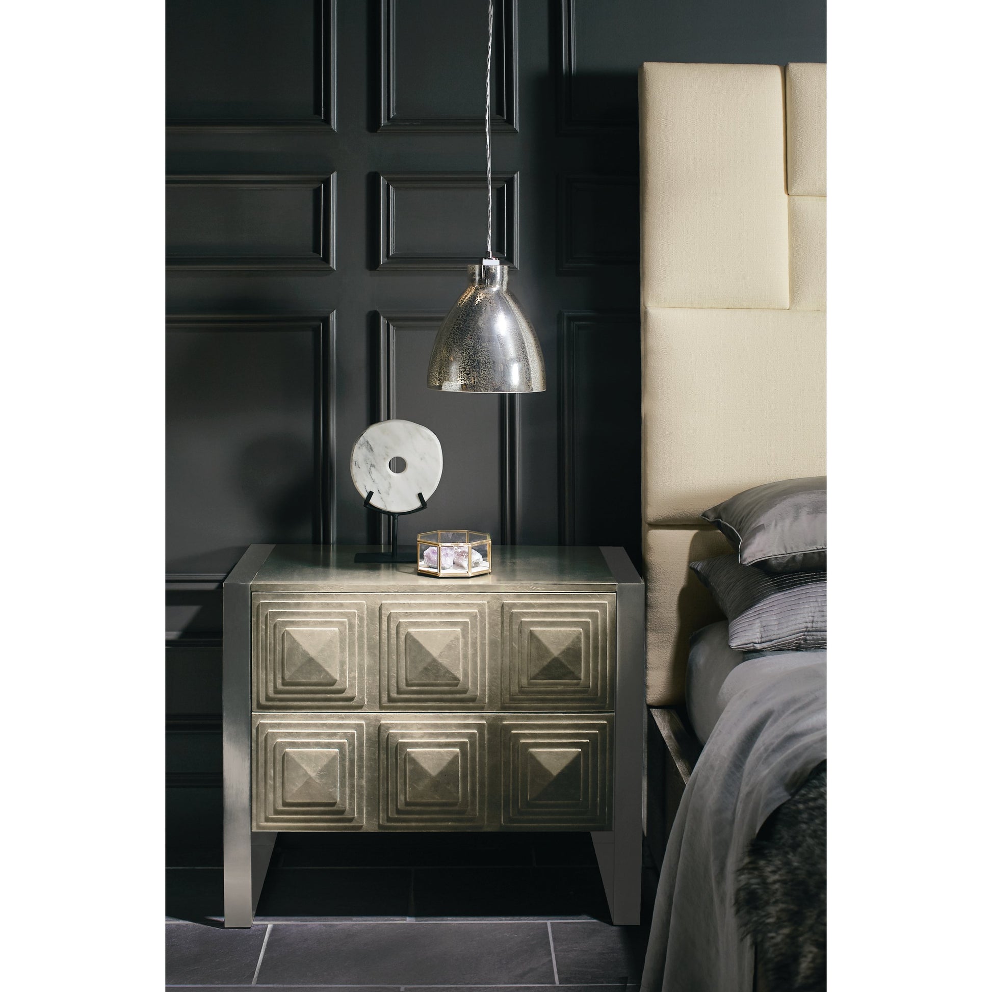 Mosaic Upholstered Bed by Bernhardt in dark taupe. Made from white oak veneers, fabric in a unique style.