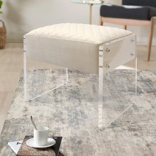 Tribecca Acrylic & Velvet Stool - STOOL 139-1W by Pasargad Home in clear, ivory. Made from acrylic, velvet in a unique style.