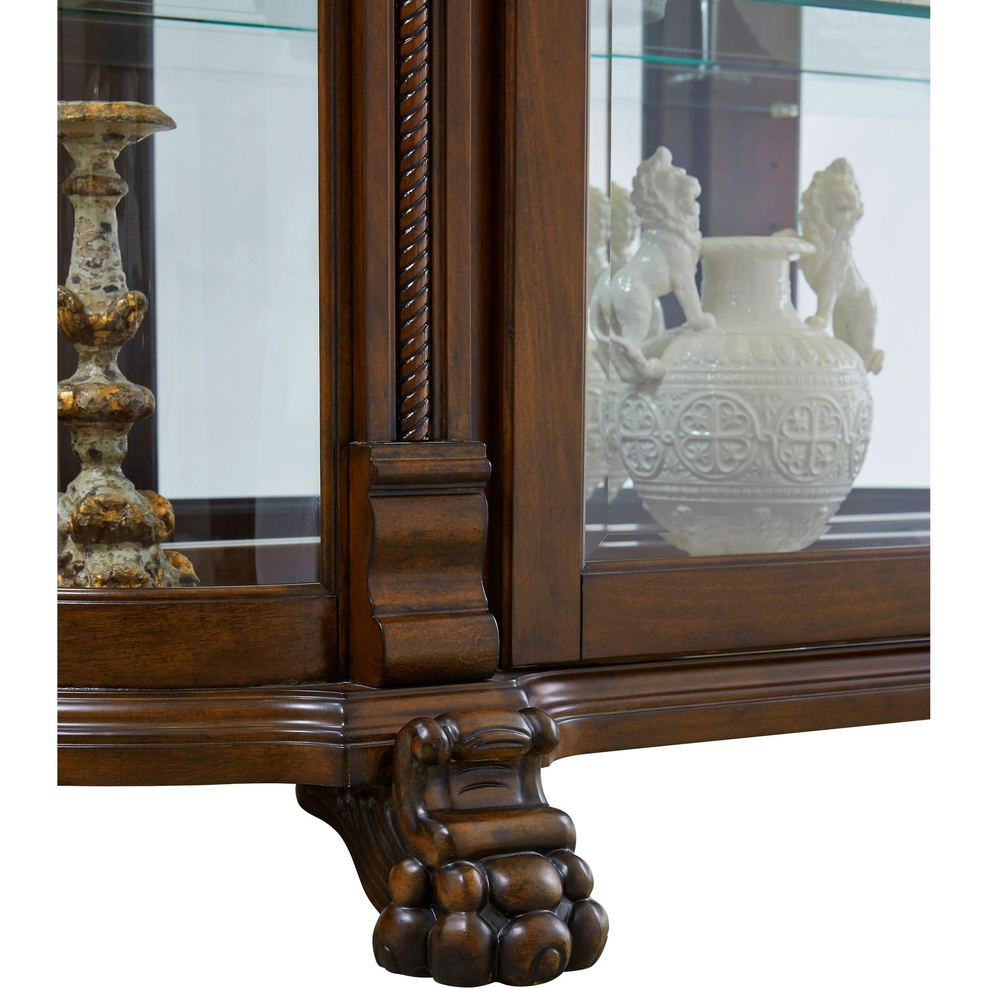 Curved End Curio by Pulaski Furniture in warm maple brown. Made from select hardwood solids, veneers in a traditional style.