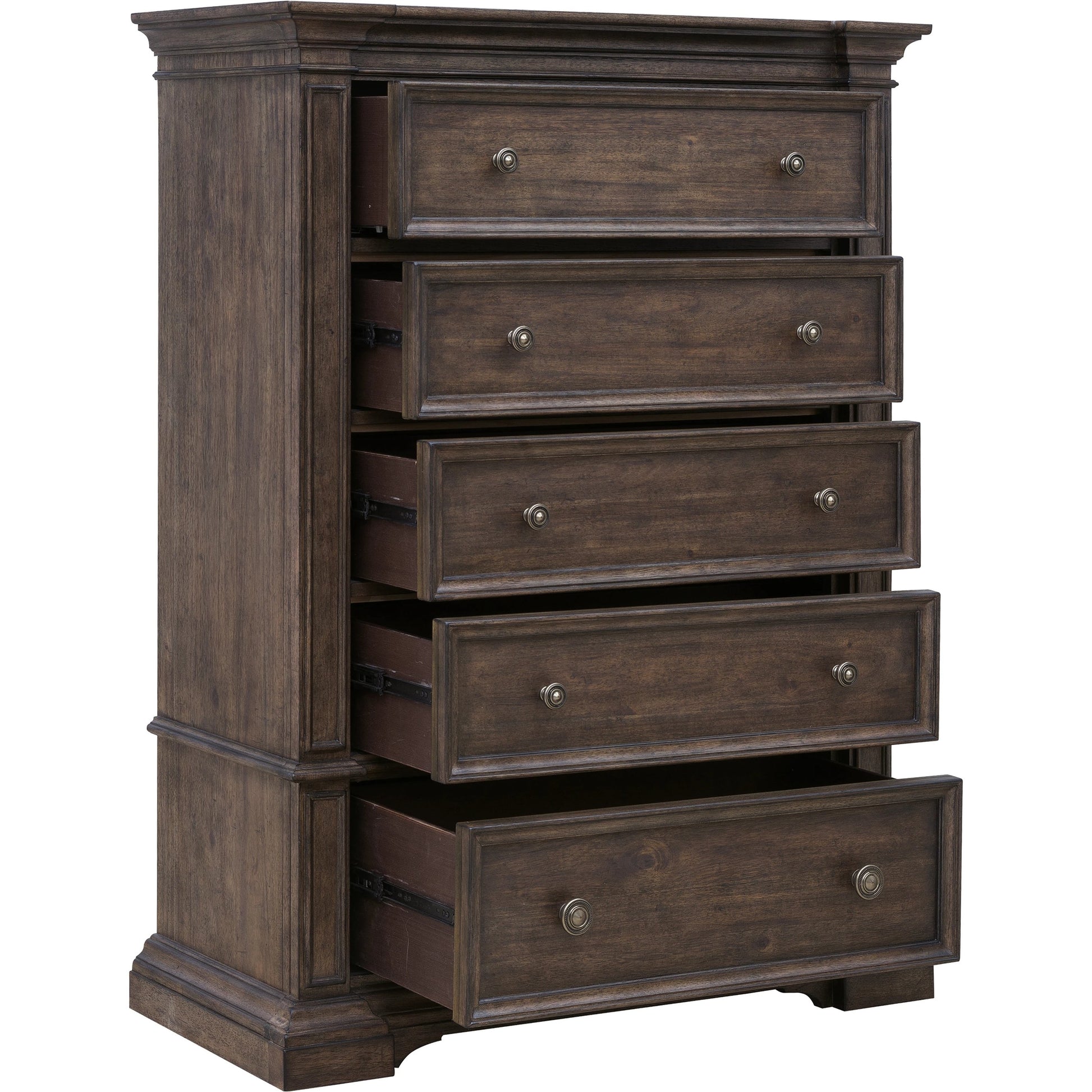 Woodbury Five-Drawer Chest by Pulaski Furniture in cowboy boots brown. Made from rubberwood in a traditional style.