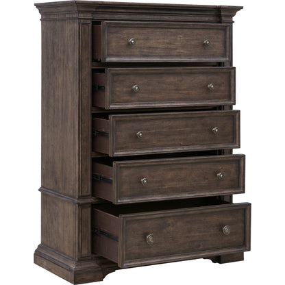 Woodbury Five-Drawer Chest by Pulaski Furniture in cowboy boots brown. Made from rubberwood in a traditional style.
