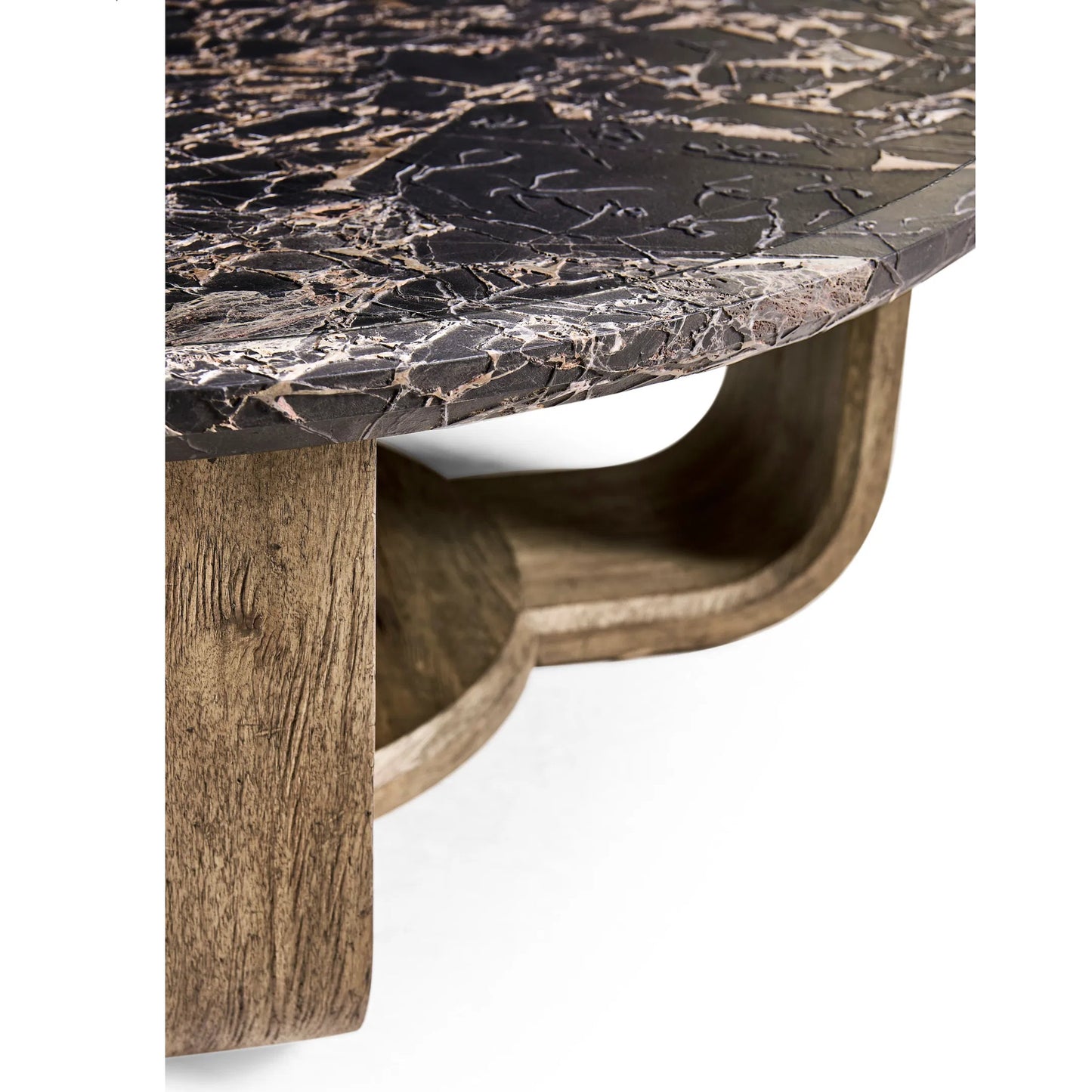 006 SI-2462638 | Closeup | Stone Ridge Round Marble Cocktail Table by Jonathan Charles in tully light acacia. Made from acacia veneer in a modern style.