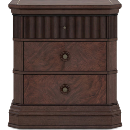 Revival Nightstand by A.R.T. Furniture in brown and napa mahogany. Made from rubberwood solids, quarter mahogany veneer, resin, metal in a traditional style.