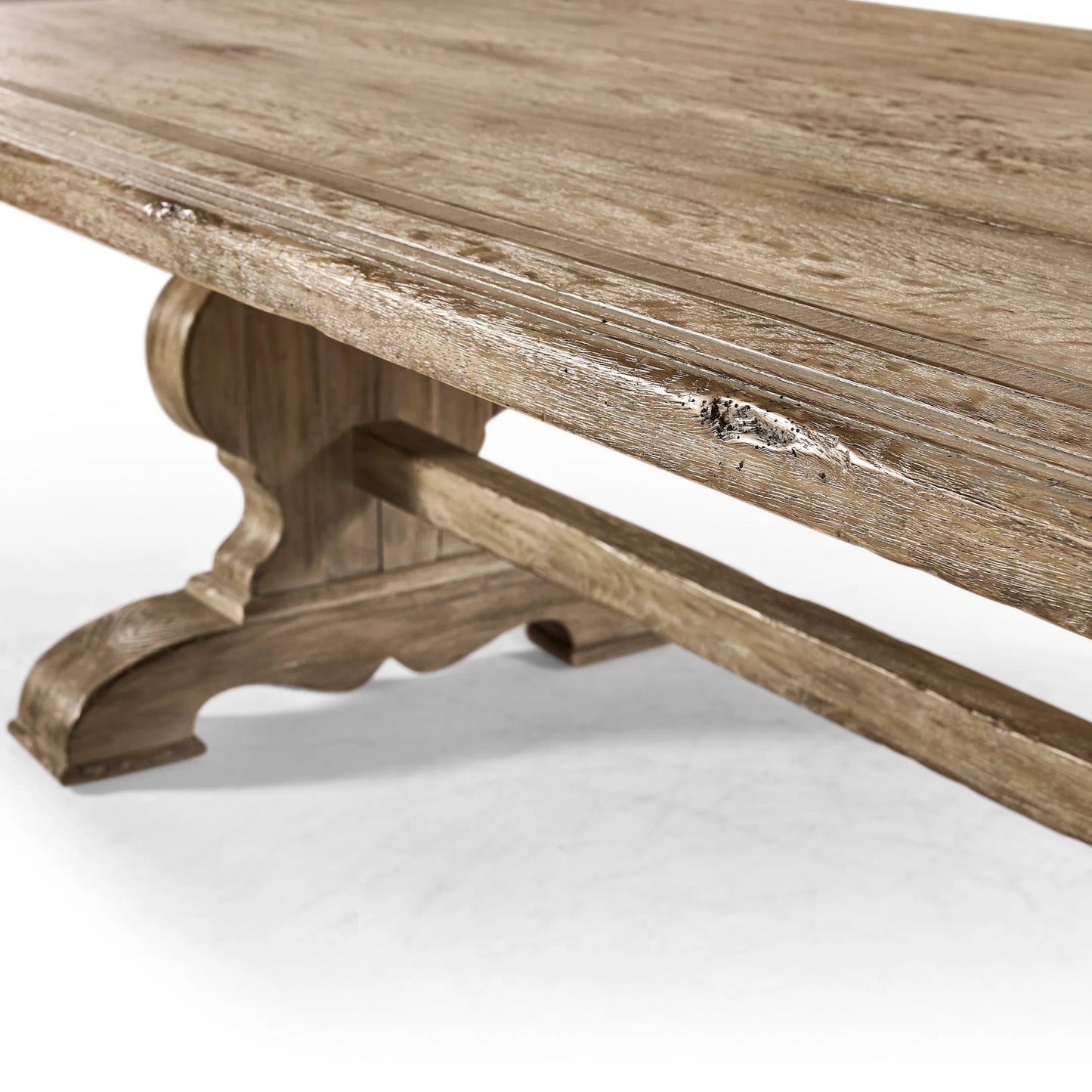009 SI-2462568 | Closeup | 124" Sagehill Rectangular Trestle Table by Jonathan Charles in timberon grey oak. Made from oak in a traditional style.