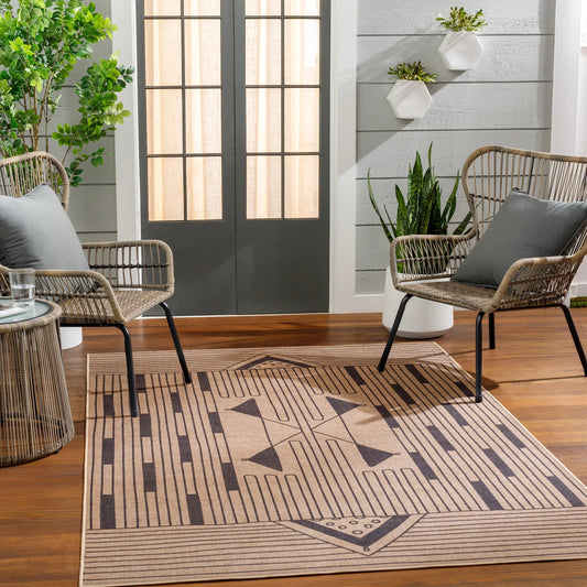 Lorens Rug by Livabliss in light brown, black, beige. Made from main: 100% recycled material in a unique style.