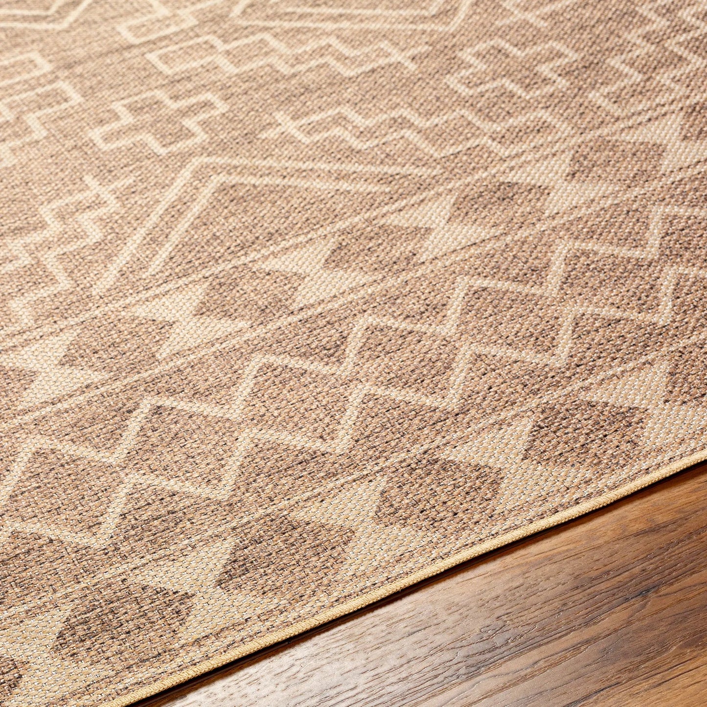 019 SI-1948095 | Closeup | Ez Jute Rug1111 by Livabliss in light brown, black, beige. Made from main: 100% recycled material in a traditional style.