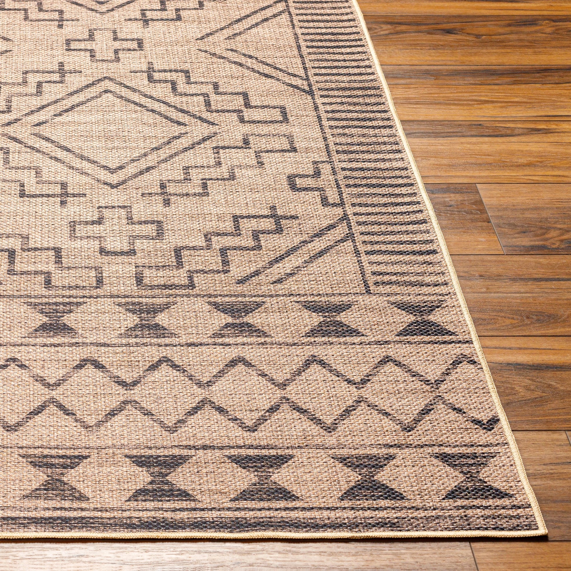 Ez Jute Rug1111 by Livabliss in light brown, black, beige. Made from main: 100% recycled material in a traditional style.