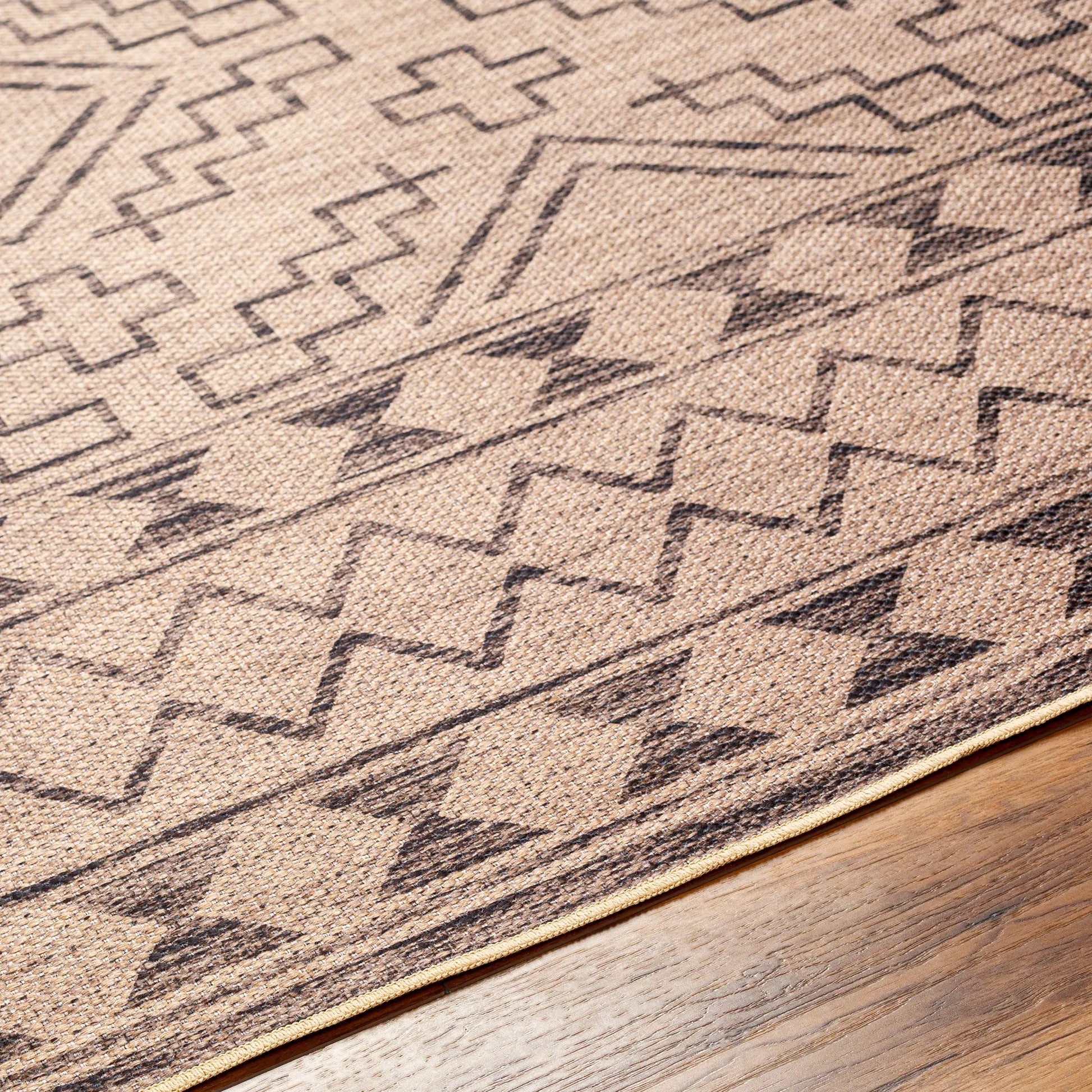 Ez Jute Rug1111 by Livabliss in light brown, black, beige. Made from main: 100% recycled material in a traditional style.