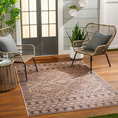Ez Jute Rug1111 by Livabliss in light brown, black, beige. Made from main: 100% recycled material in a traditional style.