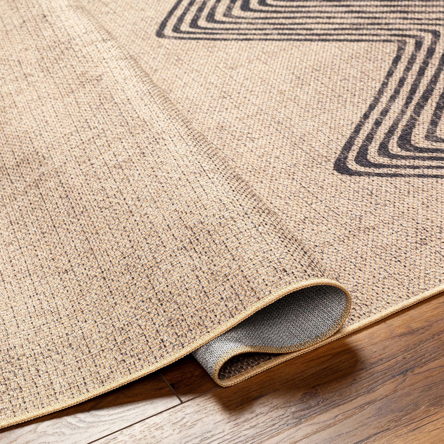 003 SI-1948114,SI-1948120 | Closeup | Ez Jute EZT-2314 Rug by Livabliss in light brown, black, beige. Made from main: 100% recycled material in a unique style.