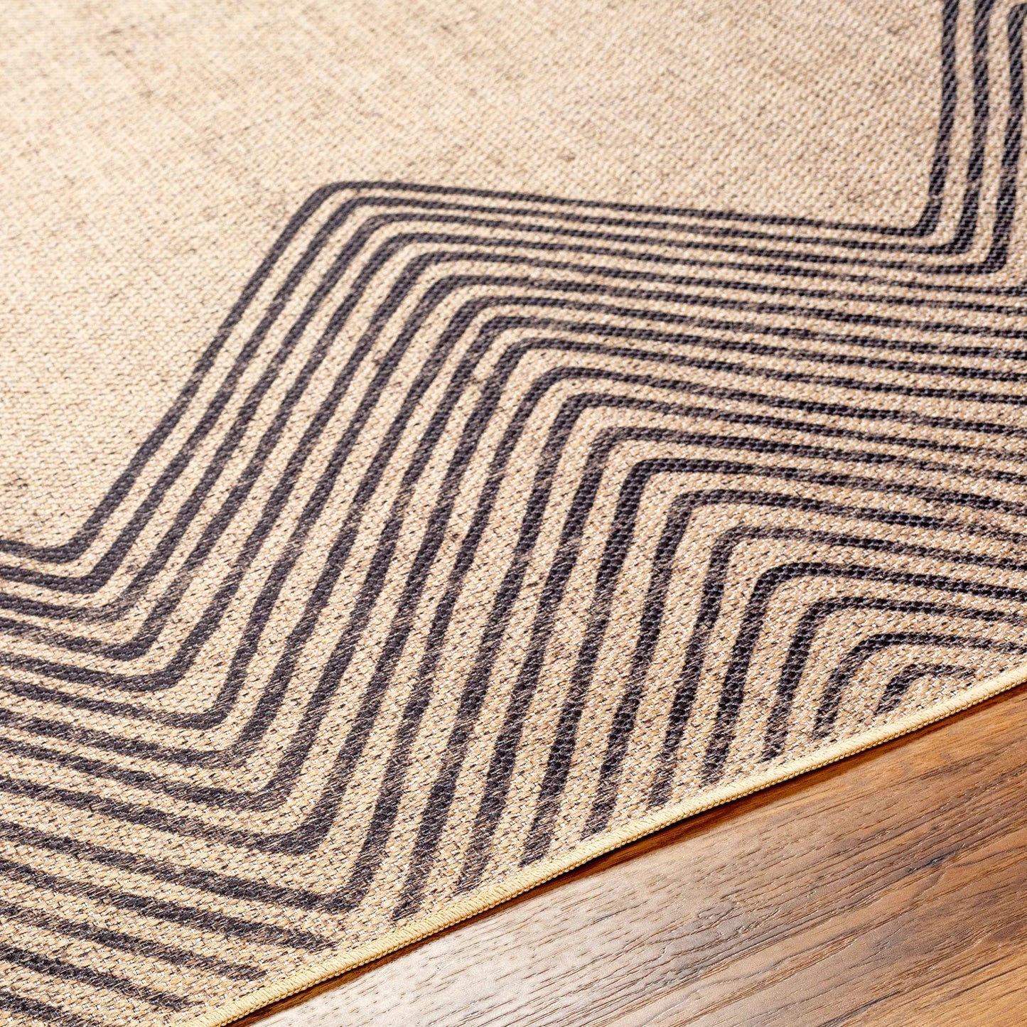 004 SI-1948114,SI-1948120 | Closeup | Ez Jute EZT-2314 Rug by Livabliss in light brown, black, beige. Made from main: 100% recycled material in a unique style.