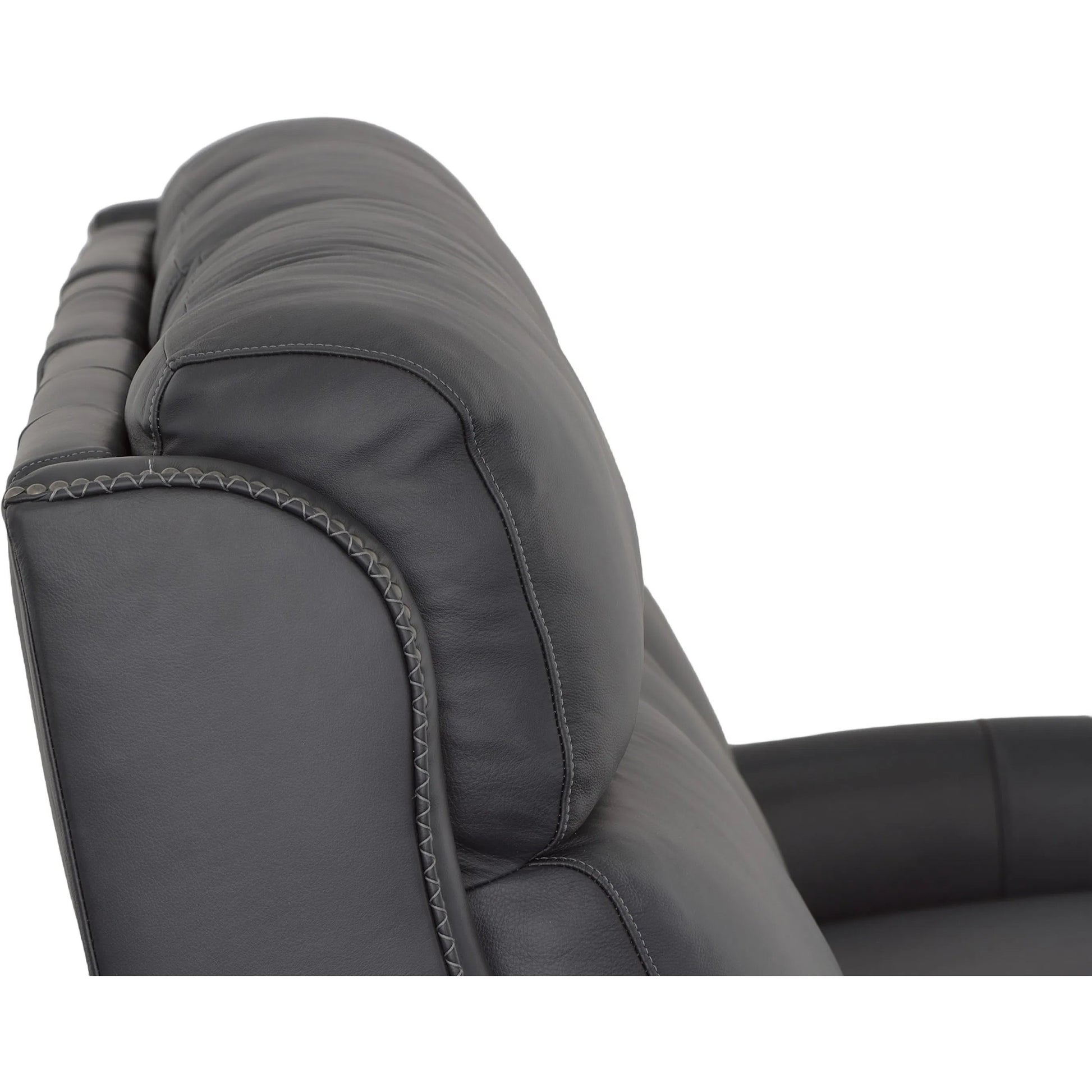 Hailey Power Left and Right Reclining Sofa by Fairfield Chair in dark brown and denim leather. Made from maple solids in a unique style.
