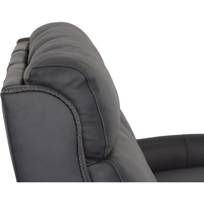 Hailey Power Left and Right Reclining Sofa by Fairfield Chair in dark brown and denim leather. Made from maple solids in a unique style.