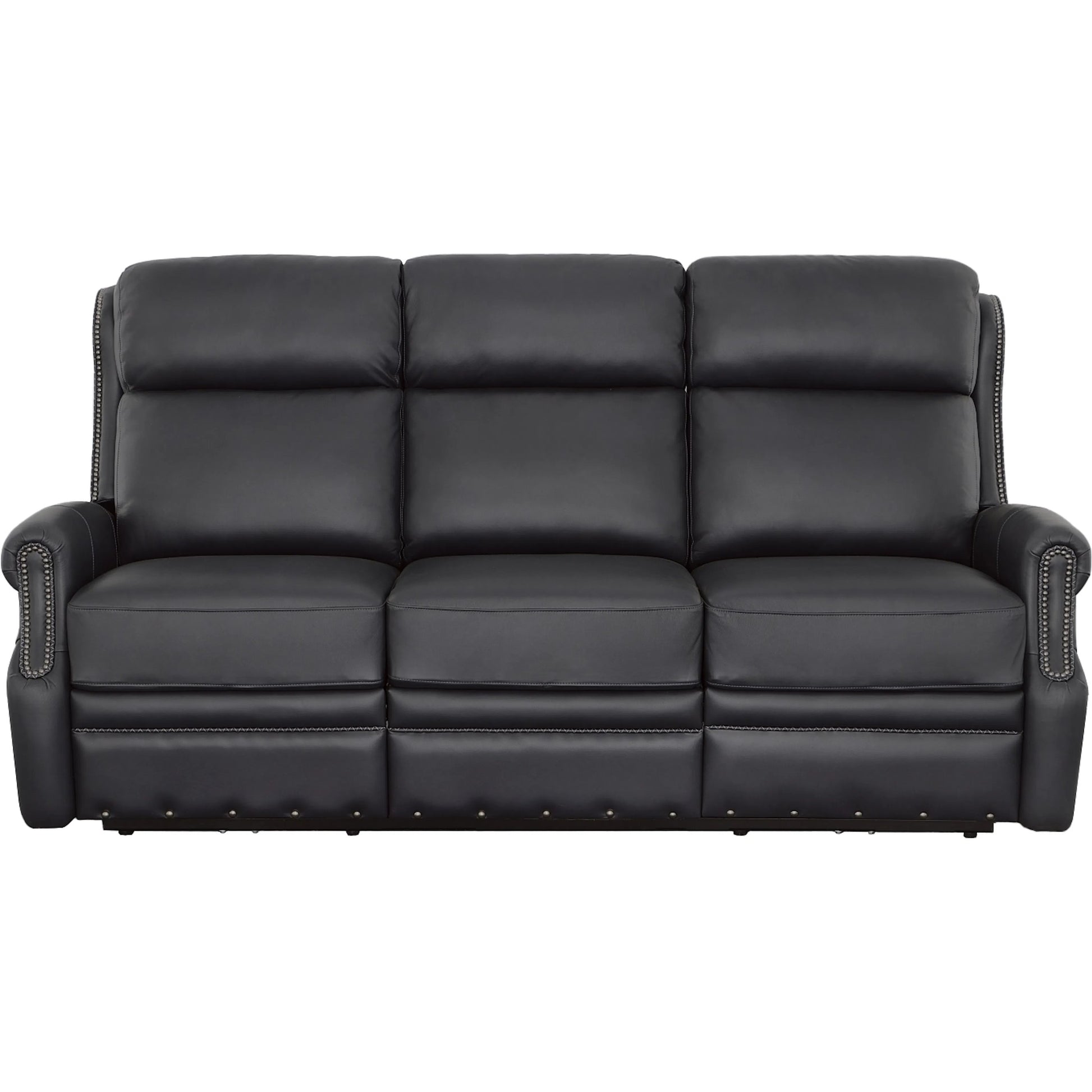 Hailey Power Left and Right Reclining Sofa by Fairfield Chair in dark brown and denim leather. Made from maple solids in a unique style.