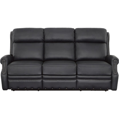 Hailey Power Left and Right Reclining Sofa by Fairfield Chair in dark brown and denim leather. Made from maple solids in a unique style.