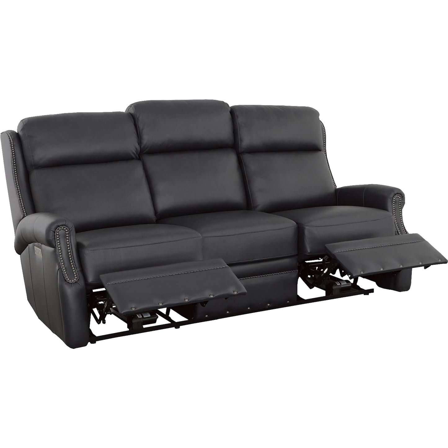 001 SI-2635991 | Additional Silo | Hailey Power Left and Right Reclining Sofa by Fairfield Chair in dark brown and denim leather. Made from maple solids in a unique style.