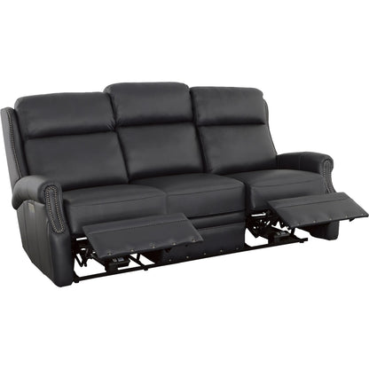 Hailey Power Left and Right Reclining Sofa by Fairfield Chair in dark brown and denim leather. Made from maple solids in a unique style.
