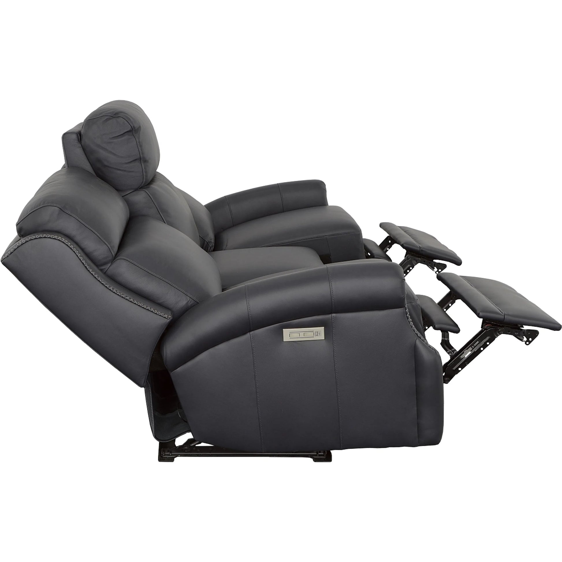 Hailey Power Left and Right Reclining Sofa by Fairfield Chair in dark brown and denim leather. Made from maple solids in a unique style.