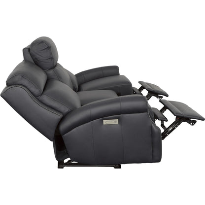 Hailey Power Left and Right Reclining Sofa by Fairfield Chair in dark brown and denim leather. Made from maple solids in a unique style.
