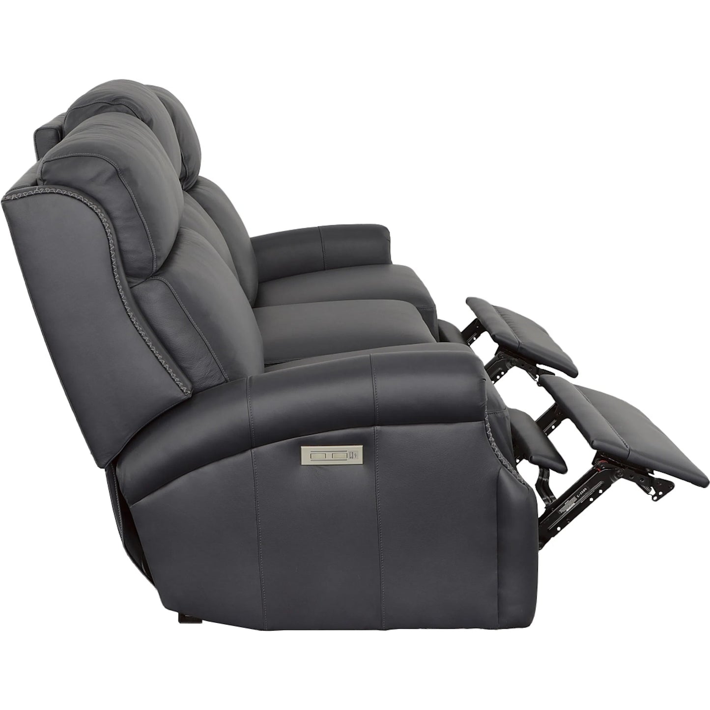 005 SI-2635991 | Additional Silo | Hailey Power Left and Right Reclining Sofa by Fairfield Chair in dark brown and denim leather. Made from maple solids in a unique style.