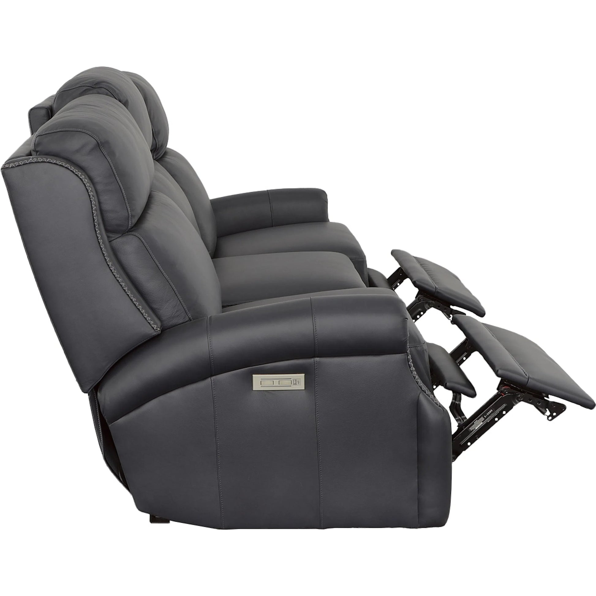 Hailey Power Left and Right Reclining Sofa by Fairfield Chair in dark brown and denim leather. Made from maple solids in a unique style.