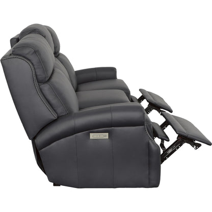 Hailey Power Left and Right Reclining Sofa by Fairfield Chair in dark brown and denim leather. Made from maple solids in a unique style.