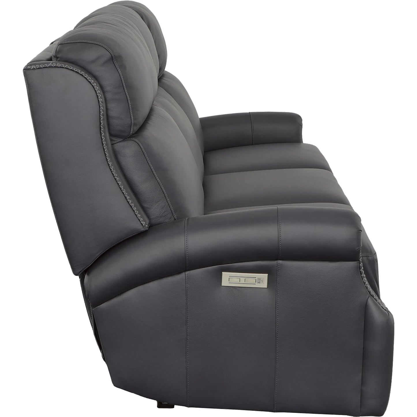 004 SI-2635991 | Additional Silo | Hailey Power Left and Right Reclining Sofa by Fairfield Chair in dark brown and denim leather. Made from maple solids in a unique style.