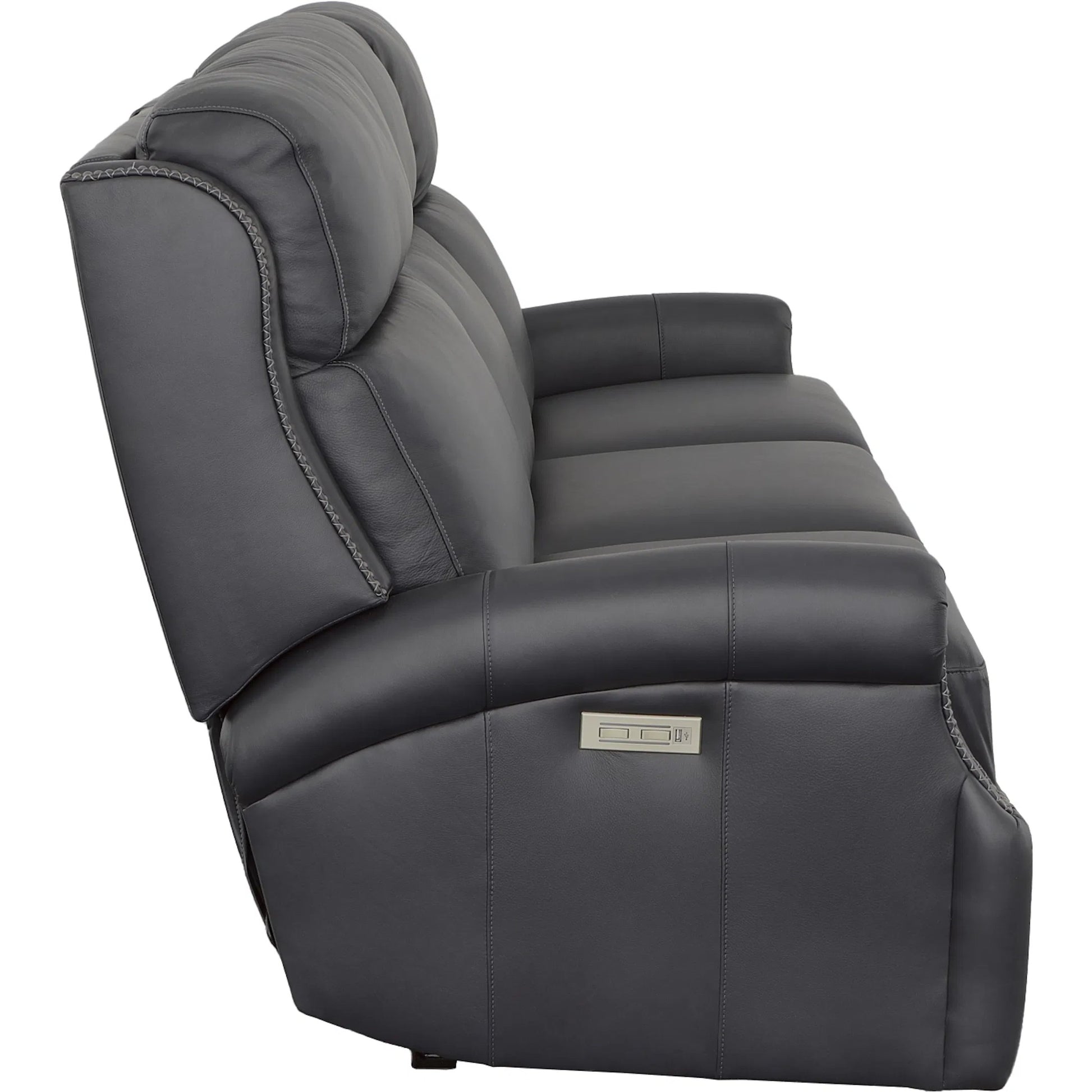 Hailey Power Left and Right Reclining Sofa by Fairfield Chair in dark brown and denim leather. Made from maple solids in a unique style.