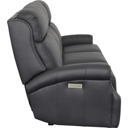 Hailey Power Left and Right Reclining Sofa by Fairfield Chair in dark brown and denim leather. Made from maple solids in a unique style.