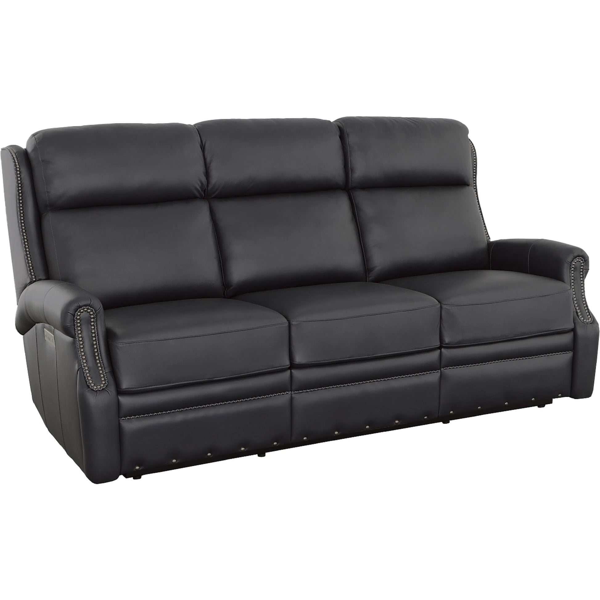 Hailey Power Left and Right Reclining Sofa by Fairfield Chair in dark brown and denim leather. Made from maple solids in a unique style.