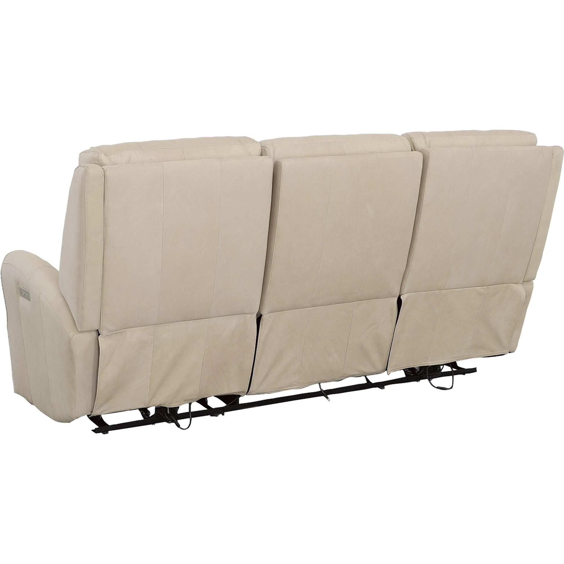 Ashley Power Left and Right Reclining Sofa by Fairfield Chair in tan and khaki leather. Made from maple solids in a unique style.