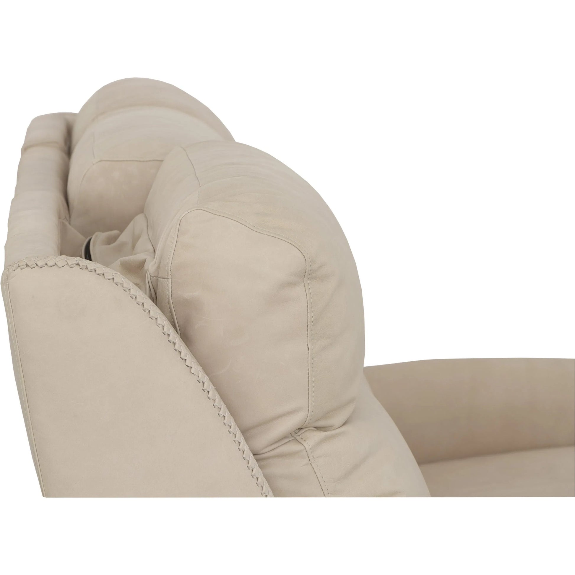 Ashley Power Left and Right Reclining Sofa by Fairfield Chair in tan and khaki leather. Made from maple solids in a unique style.