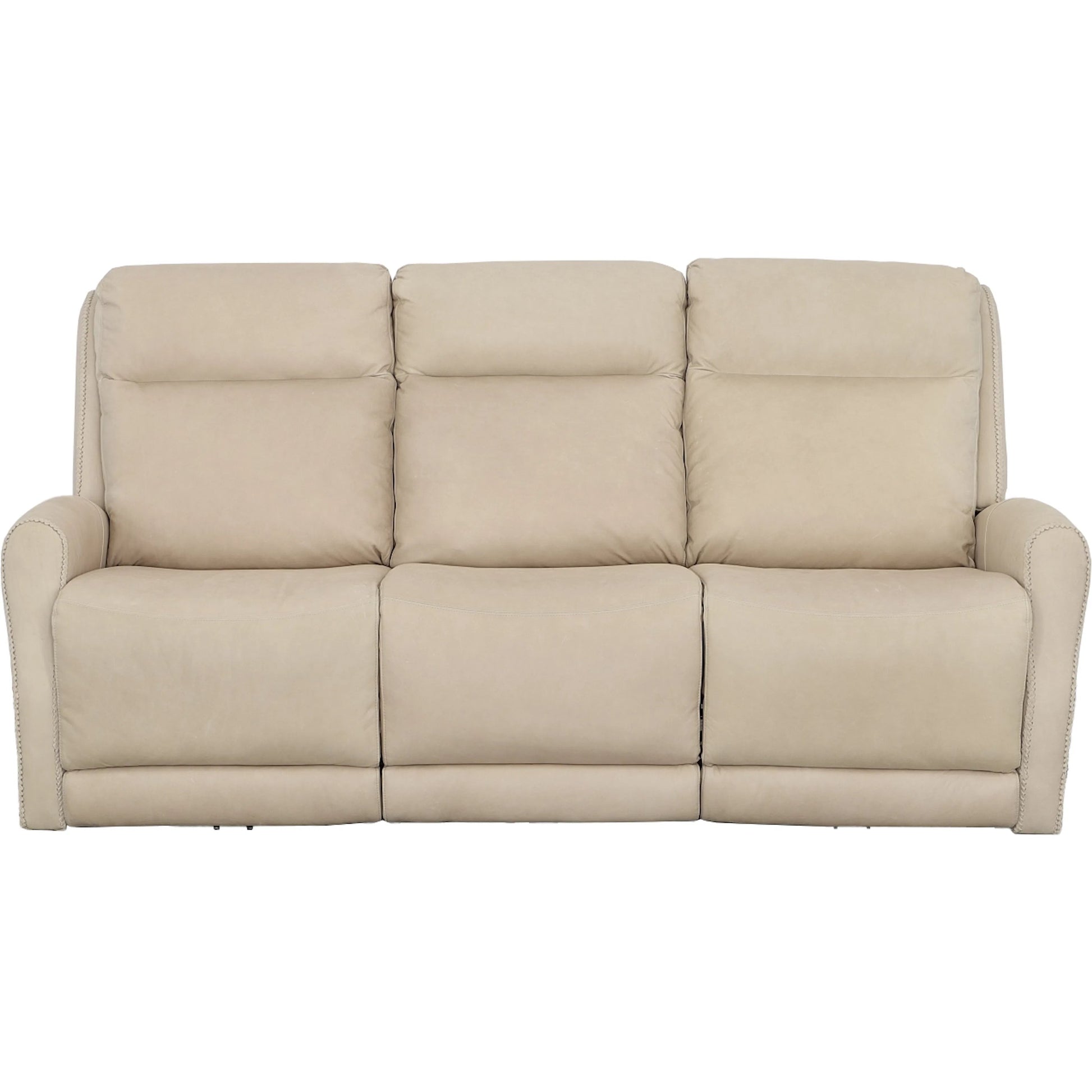 Ashley Power Left and Right Reclining Sofa by Fairfield Chair in tan and khaki leather. Made from maple solids in a unique style.