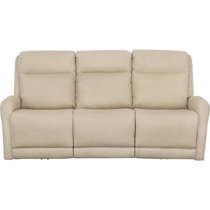 Ashley Power Left and Right Reclining Sofa by Fairfield Chair in tan and khaki leather. Made from maple solids in a unique style.