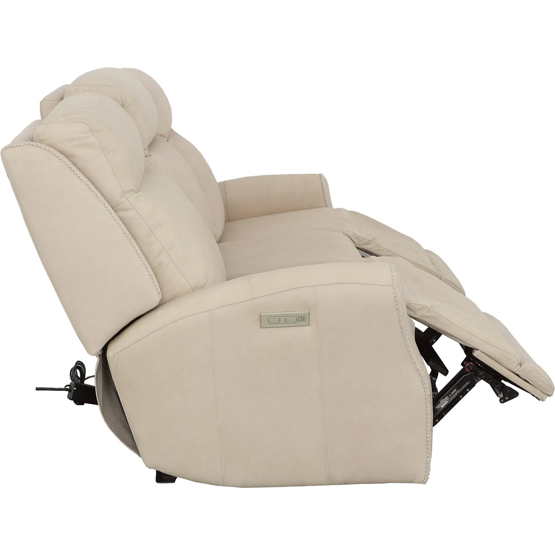 Ashley Power Left and Right Reclining Sofa by Fairfield Chair in tan and khaki leather. Made from maple solids in a unique style.