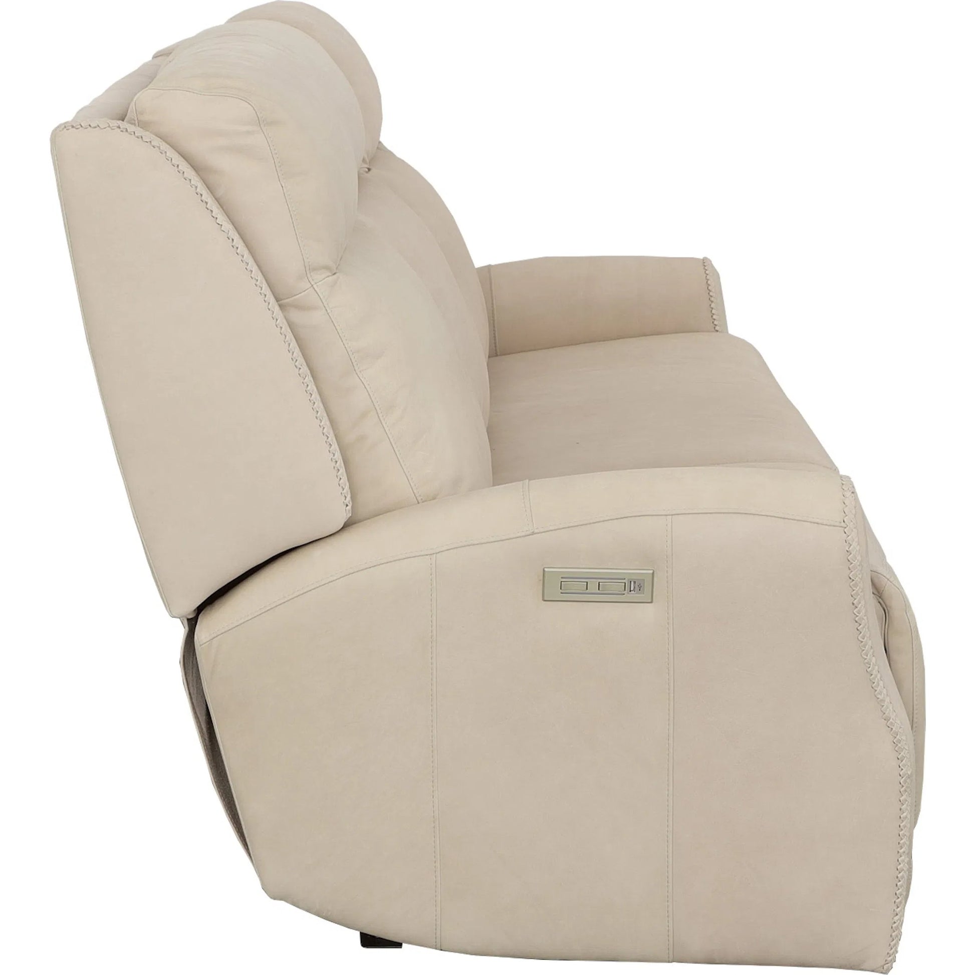 Ashley Power Left and Right Reclining Sofa by Fairfield Chair in tan and khaki leather. Made from maple solids in a unique style.