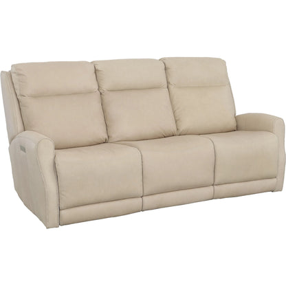 Ashley Power Left and Right Reclining Sofa by Fairfield Chair in tan and khaki leather. Made from maple solids in a unique style.