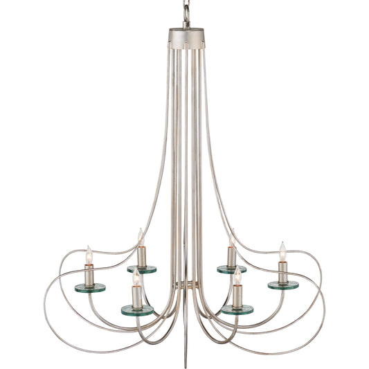 Harrow Chandelier by Currey and Company in contemporary silver leaf, contemporary silver, clear. Made from wrought iron, recycled glass disc in a modern style.
