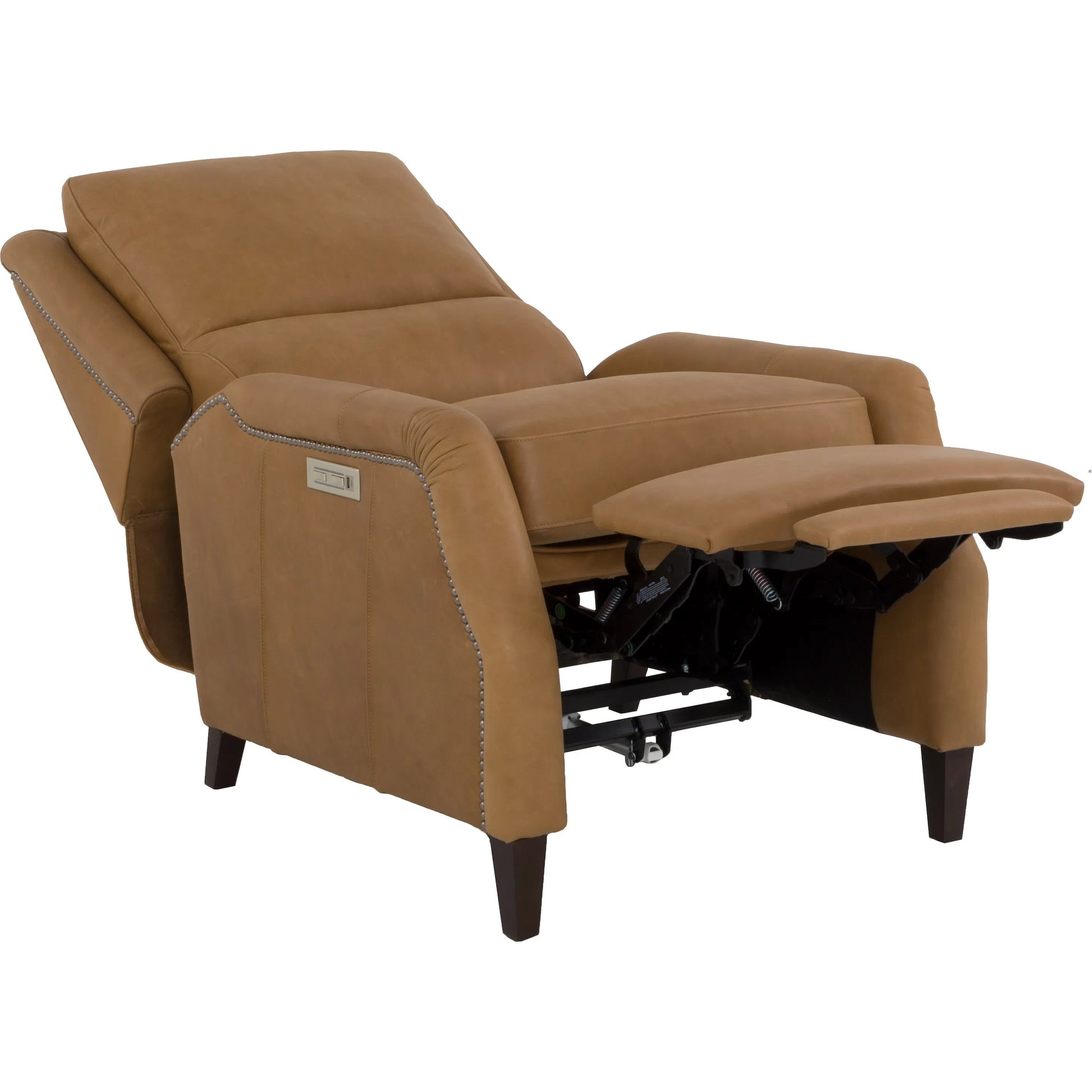 "The Leather Reserve" Tristan Power Recliner by Fairfield Chair in brown and tobacco. Made from rubberwood solids in a traditional style.