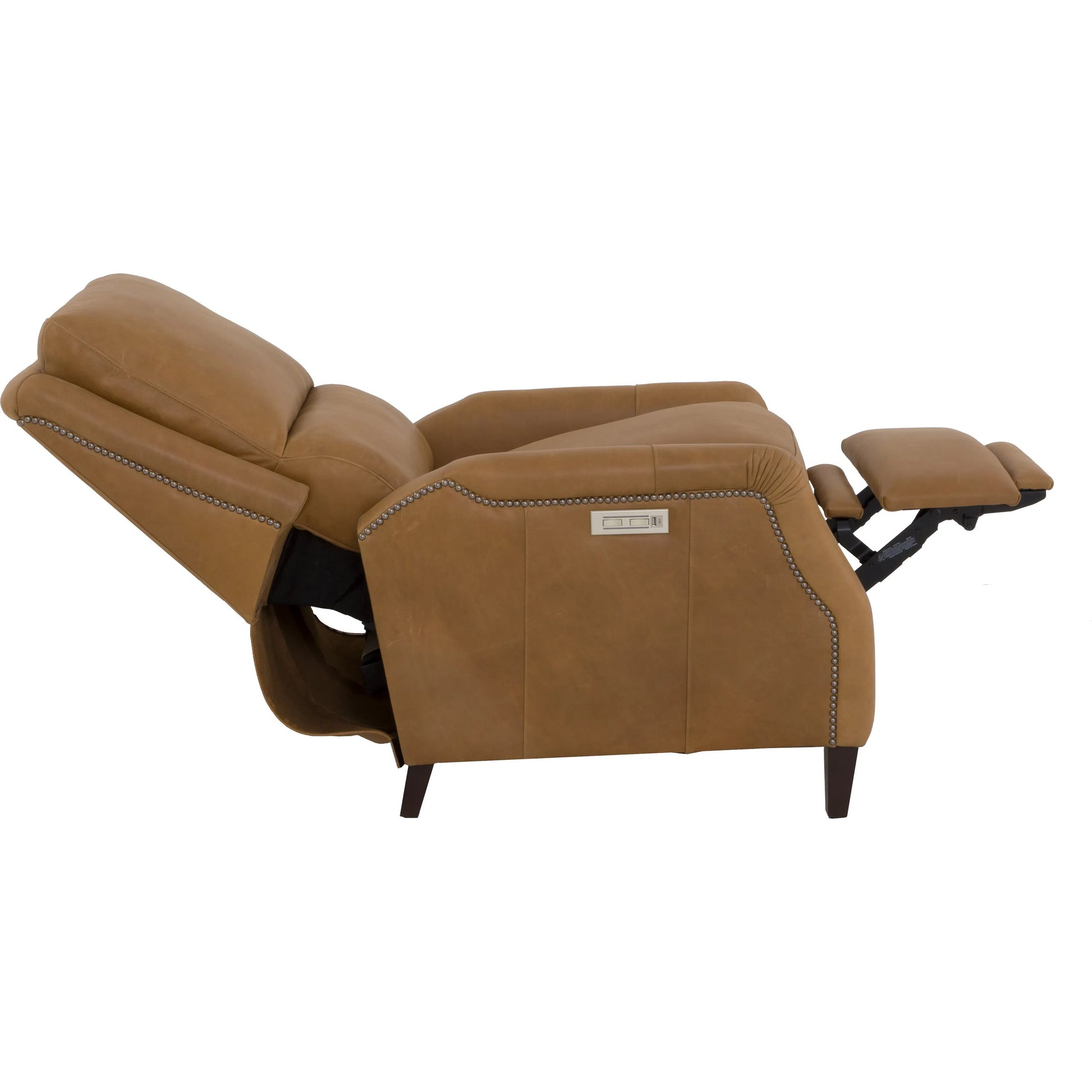 "The Leather Reserve" Tristan Power Recliner by Fairfield Chair in brown and tobacco. Made from rubberwood solids in a traditional style.