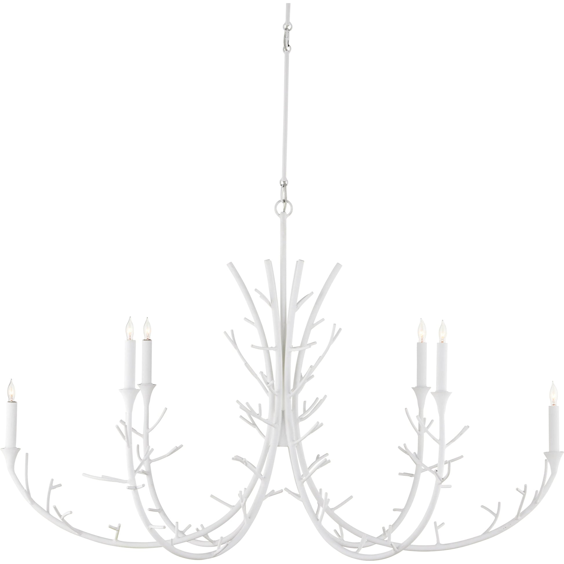 Twiggy Oval Chandelier by Currey and Company in gesso white. Made from wrought iron in a modern style.