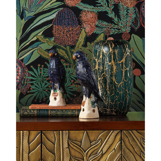 Tang Dynasty Parrots Set by Currey and Company in antique blue, off-white. Made from terracotta in a unique style.