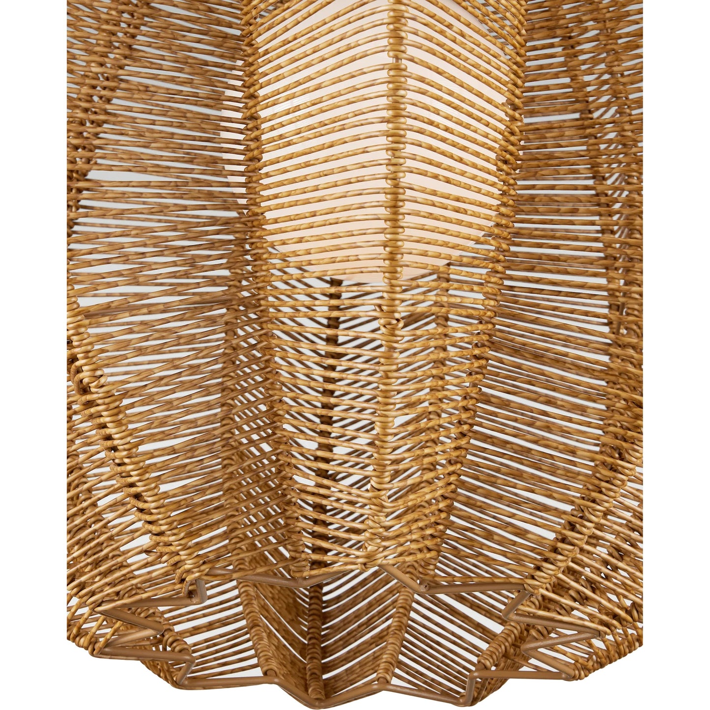 003 SI-2386952 | Closeup | Barbary Fluted Outdoor Pendant by Currey and Company in natural, black, frosted white. Made from all-weather wicker, metal, glass in a rustic style.