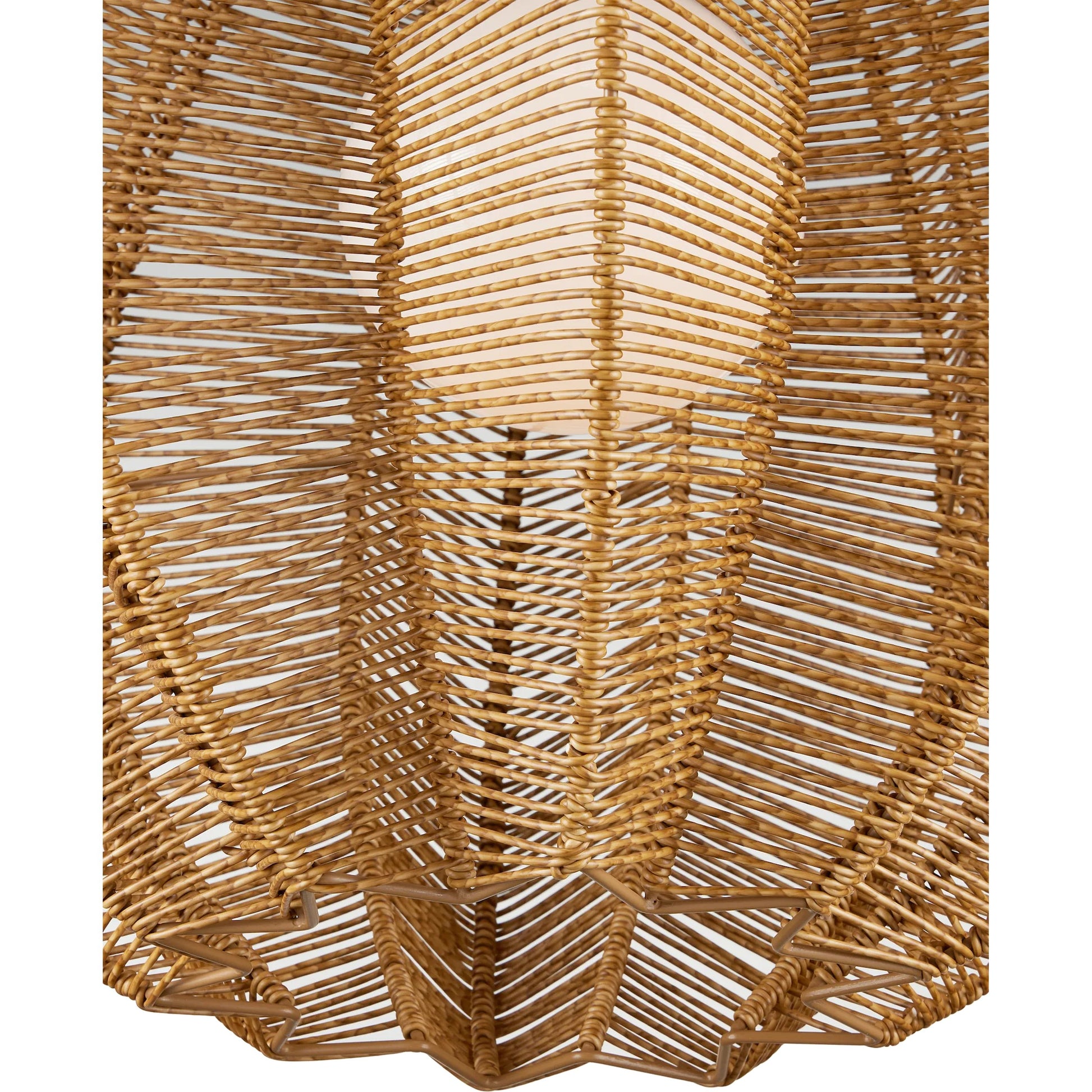Barbary Fluted Outdoor Pendant by Currey and Company in natural, black, frosted white. Made from all-weather wicker, metal, glass in a rustic style.